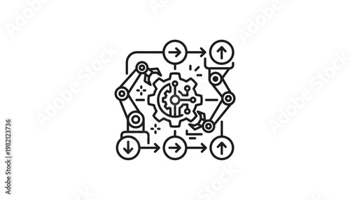 industrial automation robotic arm with gear icon vector on transparent background