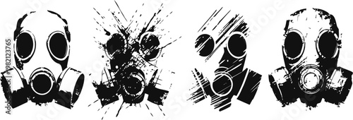 grunge gas mask silhouettes in black and white with distressed texture and dramatic splatter effects