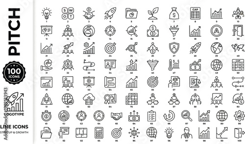 A collection of line icons for business and growth, including pitch, logo, and infographic elements. AI, eps, png, jpg. transparent background.