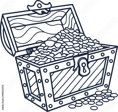 Open treasure chest filled with gold coins and jewels, pirate treasure concept line drawing