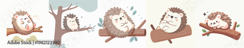 vector cute hedgehog relaxing on tree branch