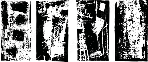 grunge black and white distressed abstract texture set with scratched and worn surface patterns