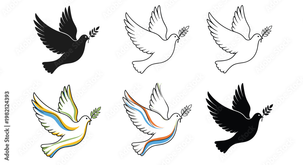 Fototapeta premium Collection of six dove of peace illustrations in various artistic styles including solid black silhouette and colorful outlined versions with branches.