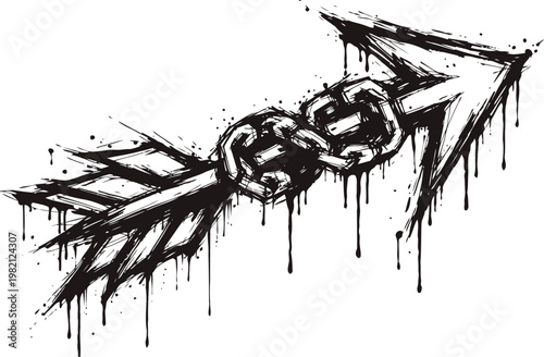 Grunge arrow with broken chain symbol black ink sketch freedom, escape, and breaking barriers concept