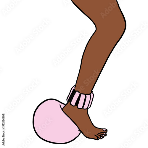 Pilates Ball Ankle Weight, foot balancing on Pilates ball with ankle weights, strength and stability training concept