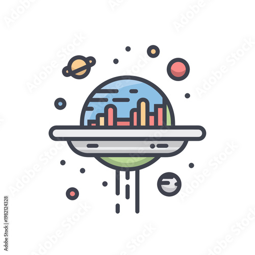 Alien UFO carrying city across cosmic background