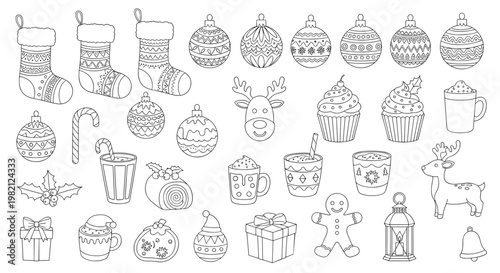 Large collection of christmas icons and decorations including stockings ornaments cookies and hot cocoa in a simple dashed outline style.