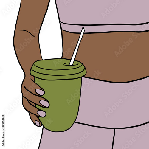 Woman holding green smoothie healthy drink detox nutrition fitness lifestyle illustration isolated transparent background minimal design
