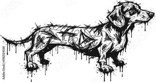 Grunge dachshund silhouette with paint drips and abstract ink splatters in black and white