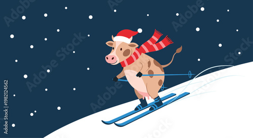 Whimsical winter illustration of a cute cow wearing a red Santa hat and striped scarf skiing down a snowy mountain at night.