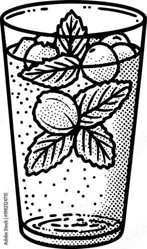 Refreshing citrus drink with mint leaves in a tall glass, cold beverage illustration