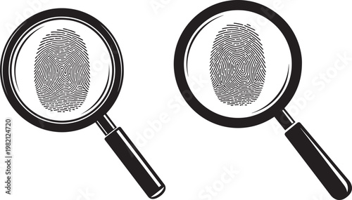 Magnifying glass focusing on fingerprints with black and white background fingerprint identification security forensic investigation evidence detective analysis identity biometric