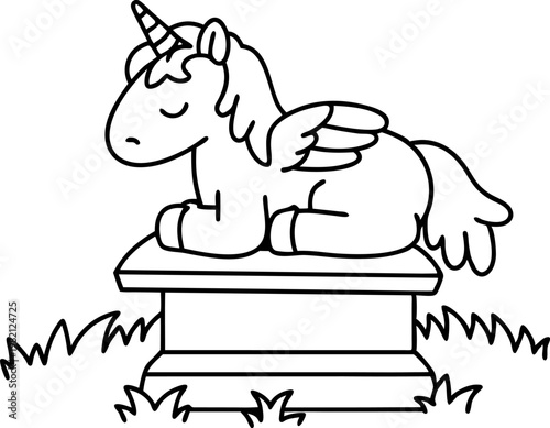 Sleeping unicorn statue with wings and horn on pedestal surrounded by grass outline drawing