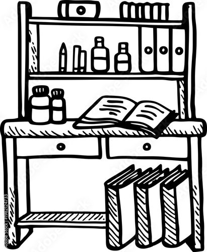 Wooden study desk with books, notebooks, and bottles on shelves, organized workspace setup