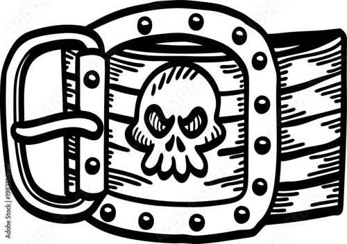 Leather belt with skull buckle illustration vintage style, metal rivets and clasp design