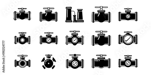 Plumbing pipeline with different valves and indicators icon set. Sewerage, water and gas pipe with fittings symbol. Industrial pump and drain system with faucet and valve vector illustration