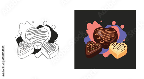 Pair of heart shaped chocolate pralines with elegant drizzles shown in a black and white sketch and a rich colored illustration.