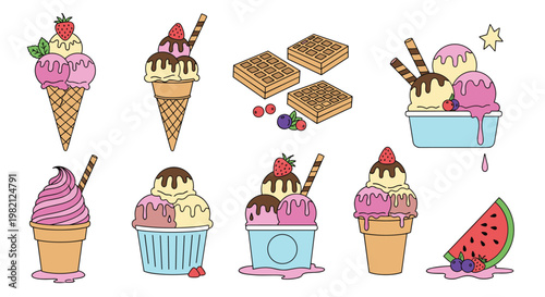 Delicious collection of assorted ice cream treats including cones bowls waffles and fruit toppings in a colorful cartoon style.