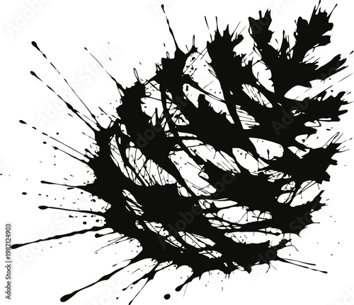 Abstract black ink splatter with dynamic shape and dispersed droplets on white background