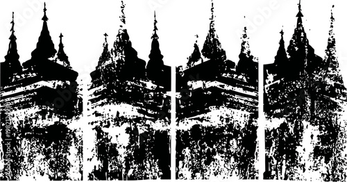 Black silhouette of traditional temple spires with intricate details and artistic texture