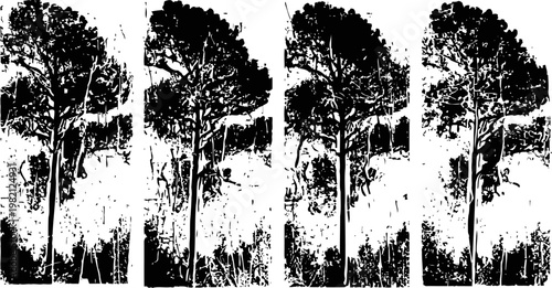 Black and white tall pine tree silhouettes set with natural forest background and textured grunge effect