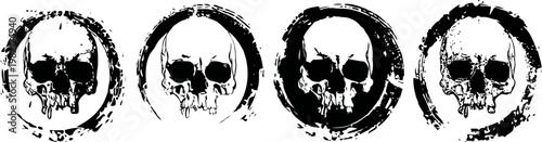 Grunge skull icons set with circular distressed frames in black and white