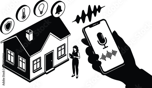 Flat black and white smart home house with phone microphone and homeowner holding tablet