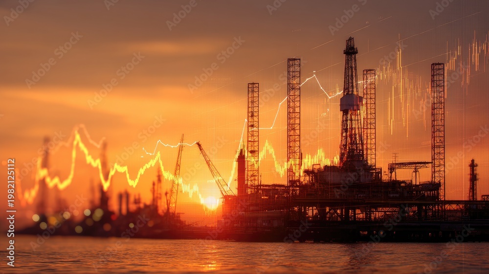 Obraz premium Sunset Over Oil Rig with Rising Graph Line Symbolizing Growth