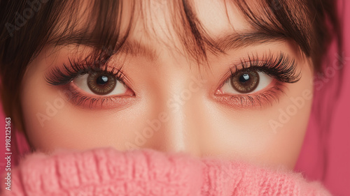 印象的なまつ毛とアイメイク 日本人女性のビューティークローズアップ