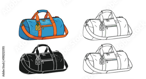 Blue sports duffel bag with orange straps and pineapple keychain shown in colored silhouette and two line art variations.