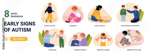Educational infographic showing early signs of autism in children, delayed speech, sensory sensitivity, social withdrawal and repetitive behaviours, isolated on white background vector illustration