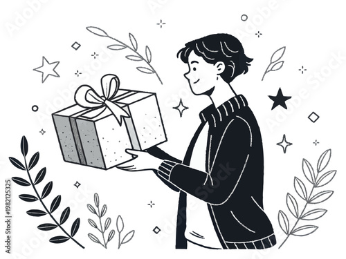 A person happily presenting a gift wrapped with a large bow on a festive occasion