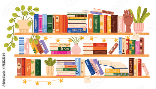 Cozy home bookshelves filled with colorful books, study subjects, novels, decor, potted plants, garlands, for reading corner or library wall art isolated on white background vector illustration