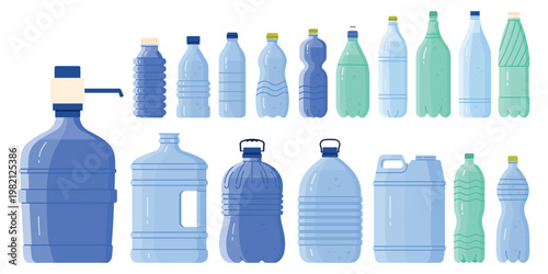 Collection of plastic water bottles, jugs and canisters in flat style, various sizes and shapes, aqua colors, isolated on white background vector illustration