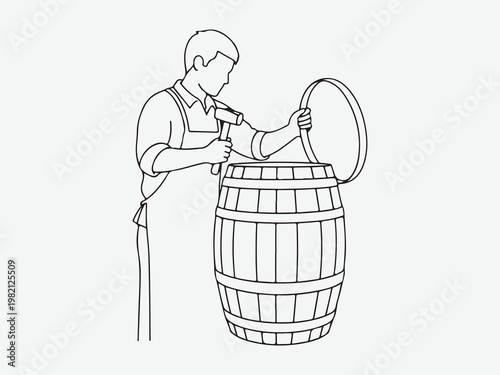 Man making wooden barrel cooper hammering lid traditional craftsman line drawing vector art