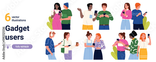 Young people using smartphones and tablets, chatting, listening to music and browsing social media, diverse millennial gadget users in casual clothes on white background vector illustration