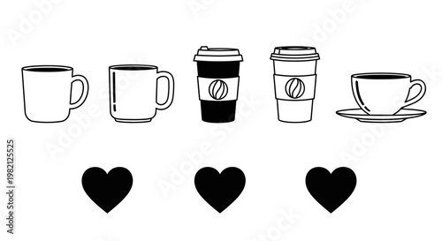 Collection of coffee mugs and paper take away cups with bean and heart icons for cafe identity and delivery service branding minimalist vector line art design