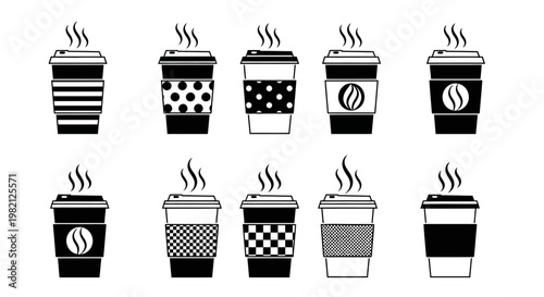 collection of stylized coffee cups and mugs with steam and assorted patterns vector icons