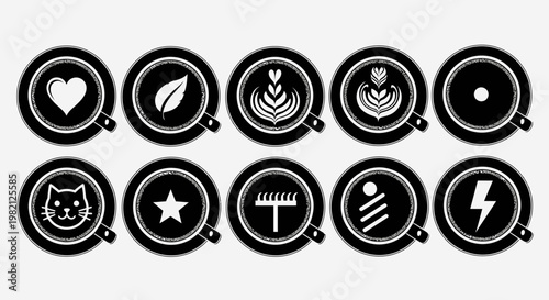 Set of ten black and white coffee cup top view icons with various latte art and simple designs on white background