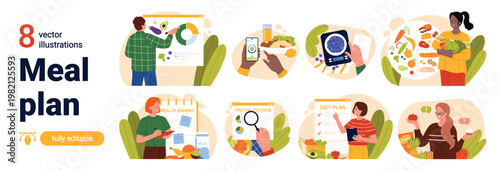 Healthy diet and meal planning set with people tracking calories, weighing food, choosing ingredients, using apps and diet plans, flat style isolated on white background vector illustration