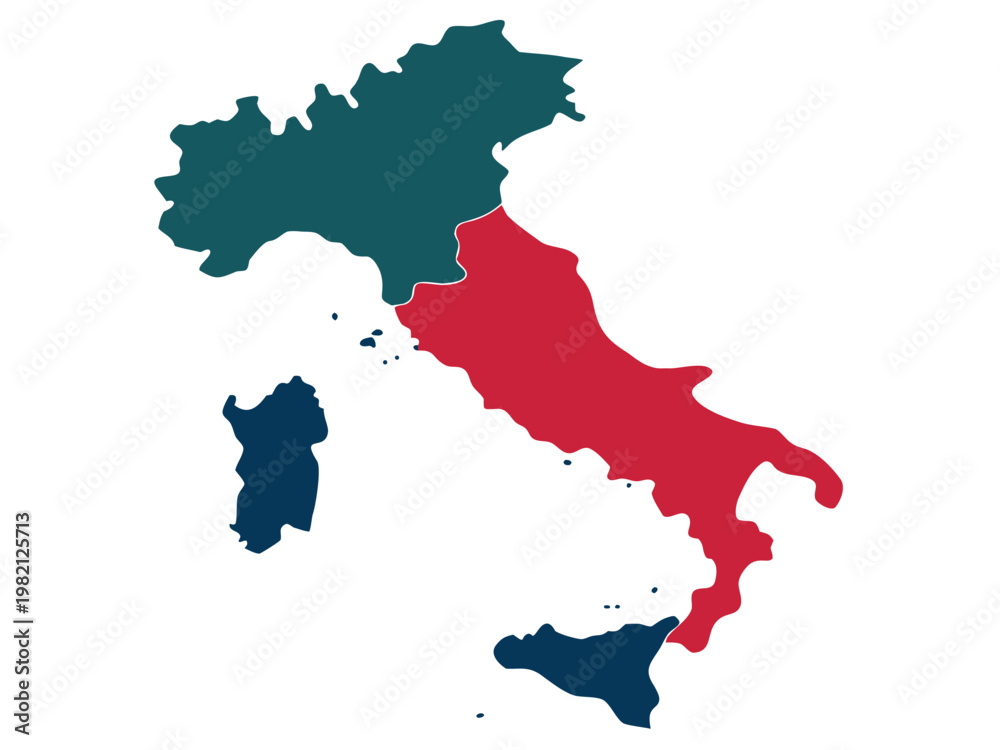 Fototapeta premium Geographical division of italy by two colored regions on a map