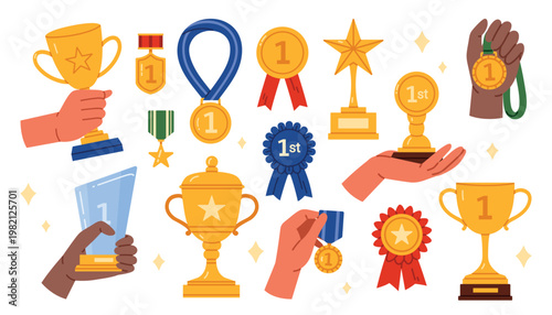Colorful set of first place trophies, medals, ribbons and winner cups held by diverse hands, perfect for awards, contests, games and sport achievements isolated on white background vector illustration