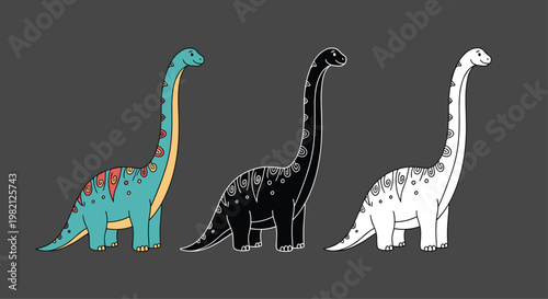 Three stylized long necked dinosaurs presented in colorful patterned black silhouette and white line art on a grey background.
