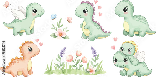 Funny cartoon vector illustration of a wild baby dinosaur with a chicken and eggs, a yellow Easter bunny, and a green snake in a blue nature zoo