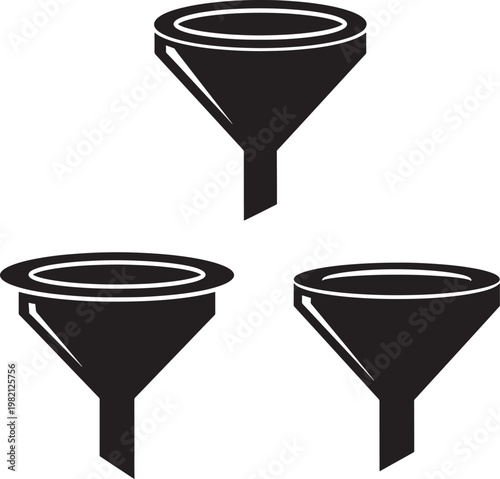 Three black silhouette funnels on a white background representing filtering data processing funnel chart filtering icon process icon separation icon filter icon funnel graphic filtering