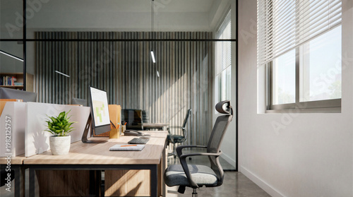 Obraz na płótnie Bright and modern office workstation with computer monitor displaying graphs, near a sunlit window with blinds