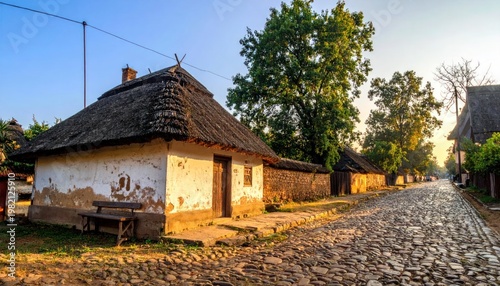 Rustic European village street scene with houses, cobbled road, and trees