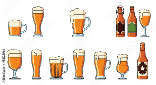 Comprehensive collection of various beer glasses mugs and bottles filled with golden lager and topped with thick white foam.