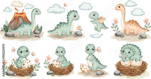 Funny cartoon vector illustration of a wild baby dinosaur with a chicken and eggs, a yellow Easter bunny, and a green snake in a blue nature zoo