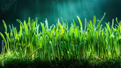 Fresh green wheat grass sprouts growing closeup with soft light rays on dark teal background as symbol of spring rebirth